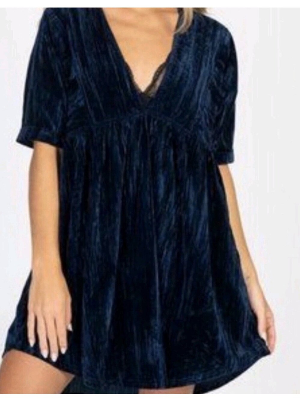 Natural Life Deep Blue Crushed Velvet Deep V Neck Mini Dress Oversized Size XS/S